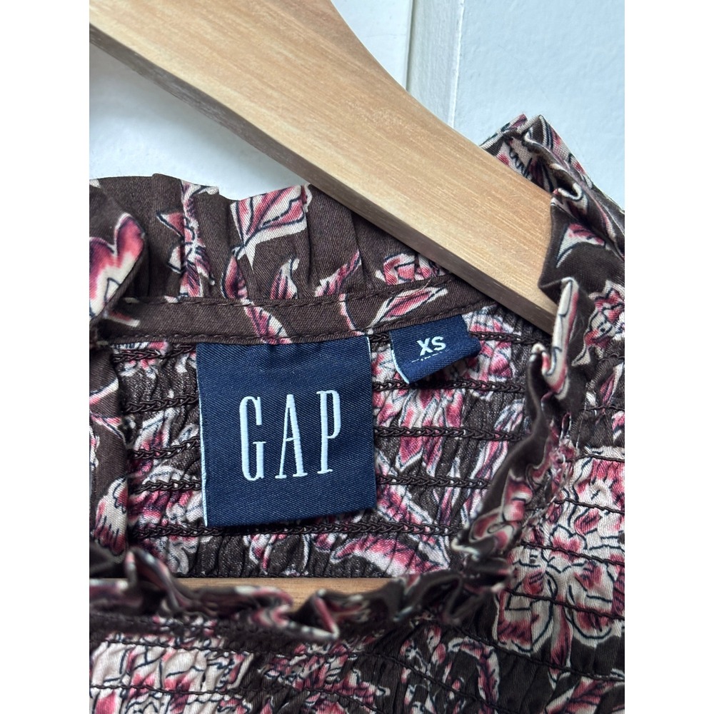 GAP Brown Floral Smocked Ruffle Yoke Blouse‎ Long Sleeve XS Brown Floral Boho - Picture 3 of 7